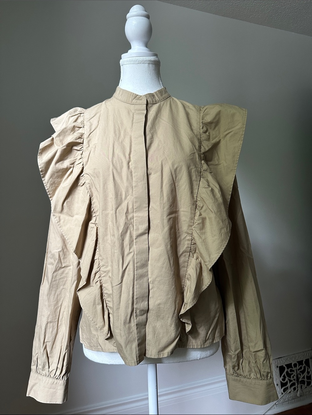 WILFRED Tan Panthere Ruffle Preppy Coquette 100% Cotton Blouse Medium - Picture 2 of 7